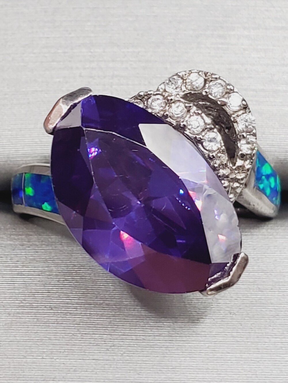 Fancy Shape Amethyst 925 Sterling Silver Statement Ring with Blue Opal Inlay